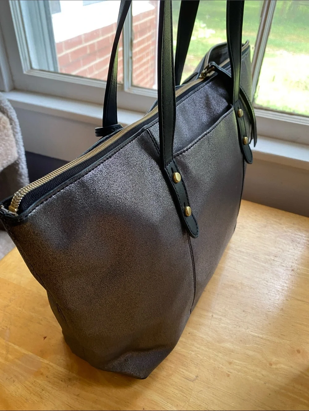 Fossil canvas black metallic tote in good condition